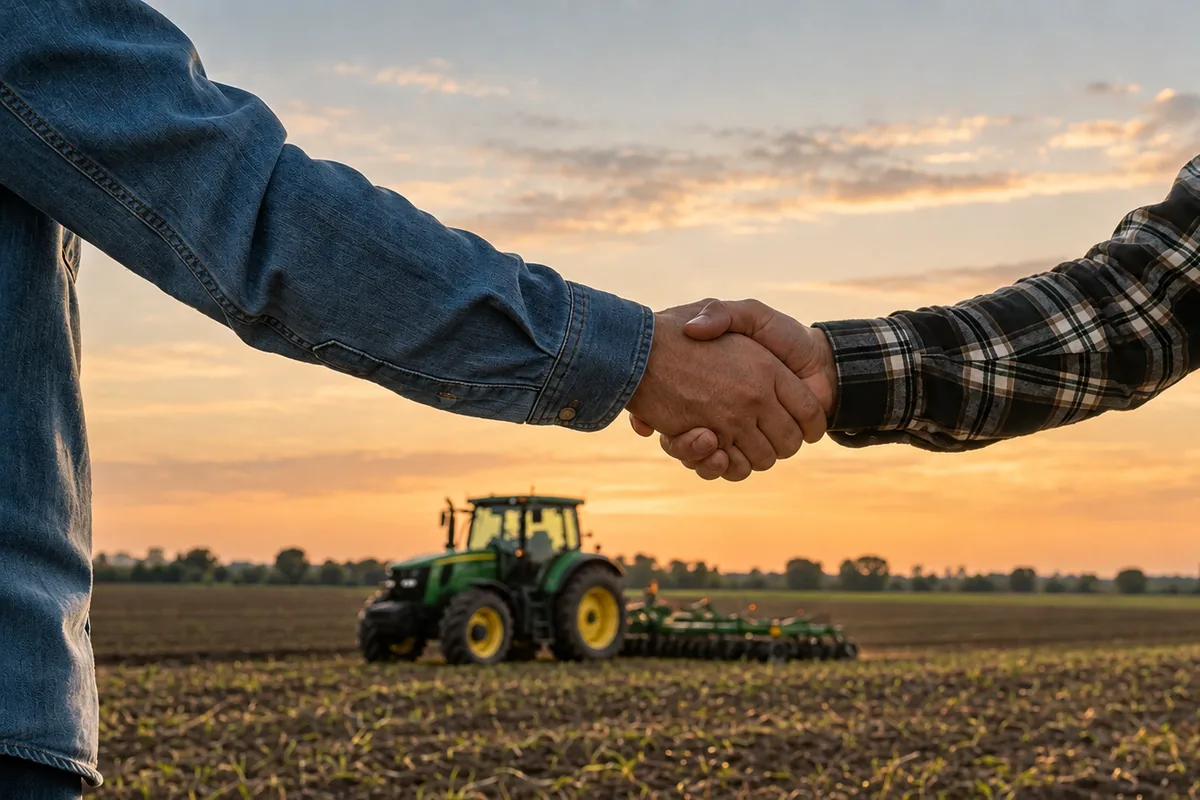 Two people shaking hands in a farm field at sunset, a tractor and seed drill working the soil behind them