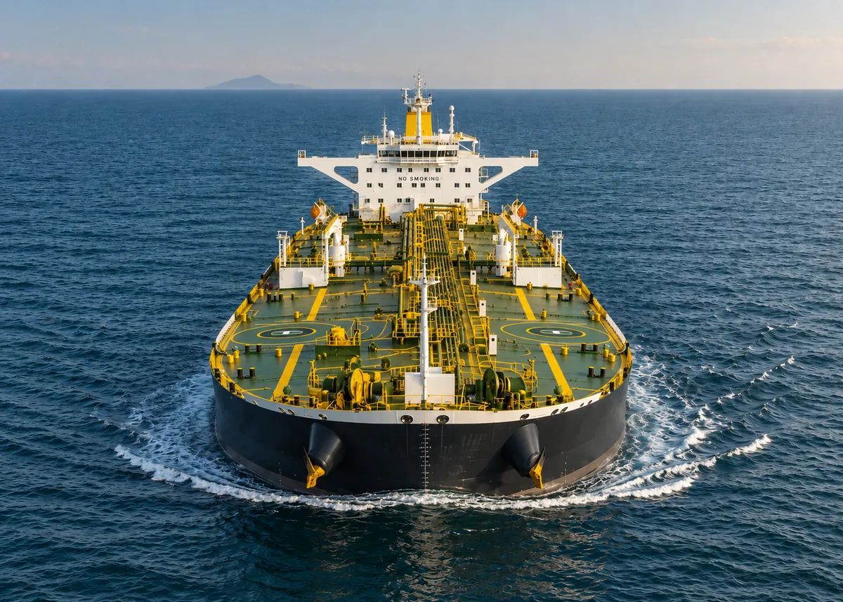 Aerial head-on view of a laden product tanker under way across open sea, its green deck lined with cargo pipework